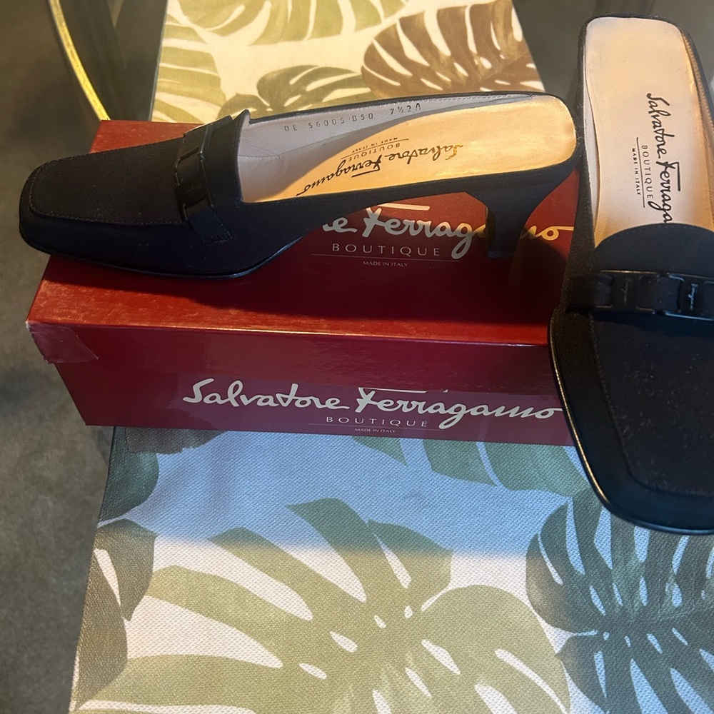 Slightly used black Ferragamo mules